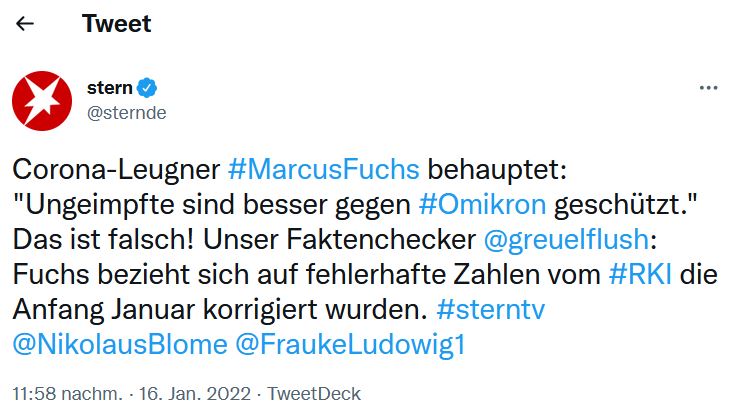 Abmahnung von Stern TV wegen Bezeichnung als „Corona – Leugner“.