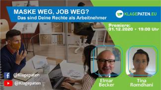 Der erfahrene Rechtsanwalt für Arbeitsrecht Elmar Becker steht heute Tina Romdhani Frage und Antwort zu den Themen, die sehr viele von uns betreffen: kann mich mein Chef zwingen, bei der Arbeit eine Maske zu tragen? Droht mir die Kündigung, sollte ich die Maske verweigern? Diese und weitere Fragen werden heute beantwortet.